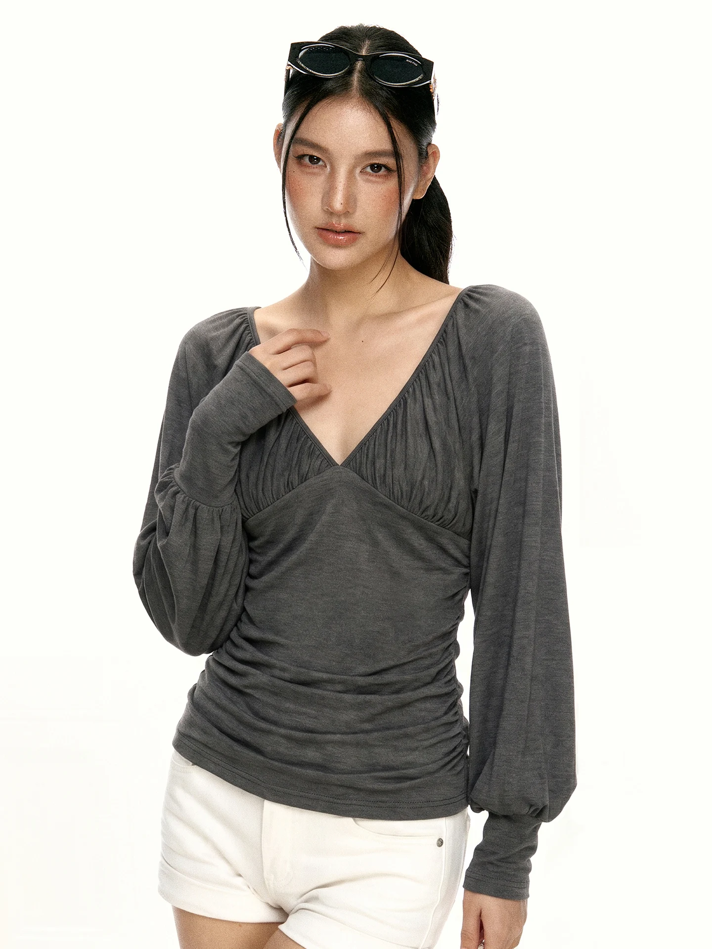 Aaisup Grey V-neck Pleated Lantern Sleeve Long Sleeve T-shirt Women's Initial Autumn Slimming Base Layer Shirt Top