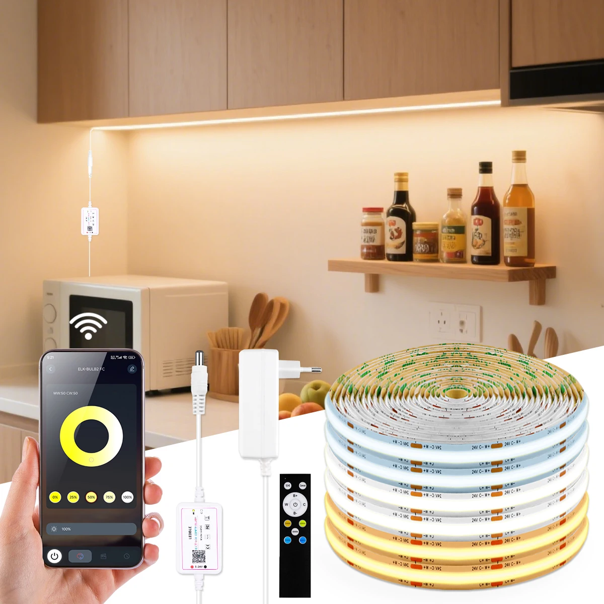 

Smart Bluetooth 2700K-6500K CCT Lamp COB LED Strip Lights Flexible Diode Tape Ribbon With Dimmable LED Dimmer RF Remote Switch