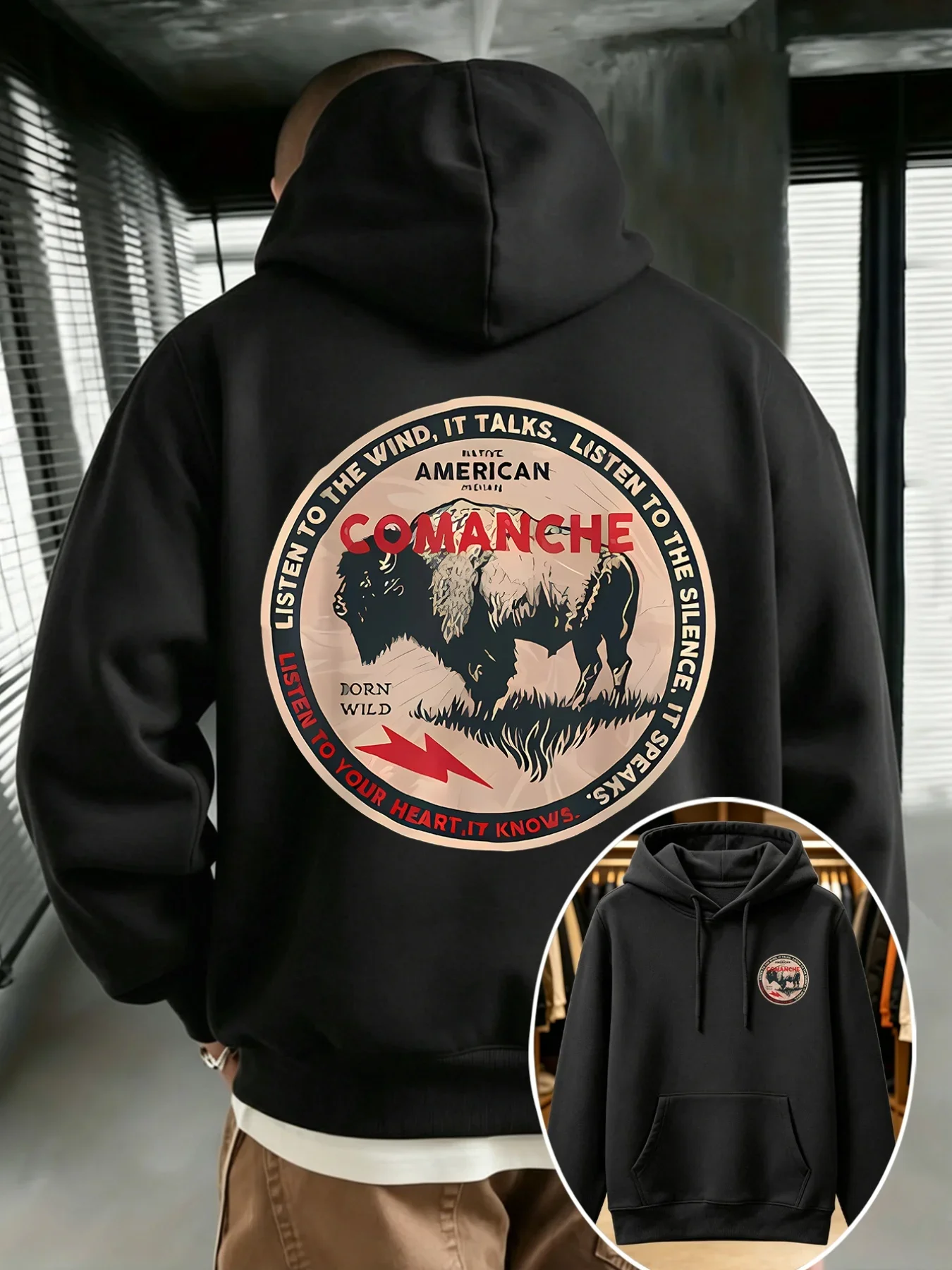 Sudadera con Capucha Vintage para Hombre, Estilo Western Comanche, con Estampado Gráfico de Bisonte, Estilo Retro Americano, Ropa Urbana para Otoño e Invierno