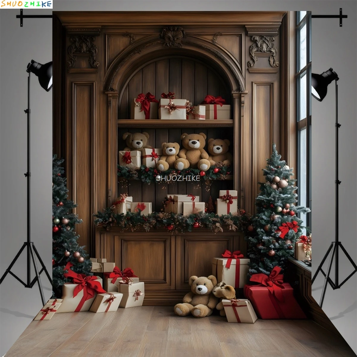 

Snowy Wooden Table Christmas Day Ornament Background Abstract New Year Party Halo Defocused Lights Photography Backdrops CV-02