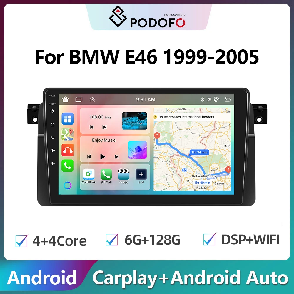 

Podofo 2din Android Car Radio For BMW E46 1999-2005 6G+128G Carplay Stereo Player Autoradio WIFI GPS Navigation FM/RDS