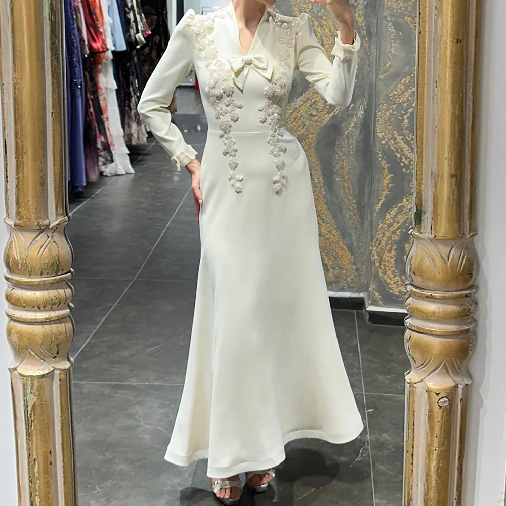 

Customized A-line Evening Dresses ankle-length v-neck full sleeve prom gown fashion sequined bow simple draped party gown