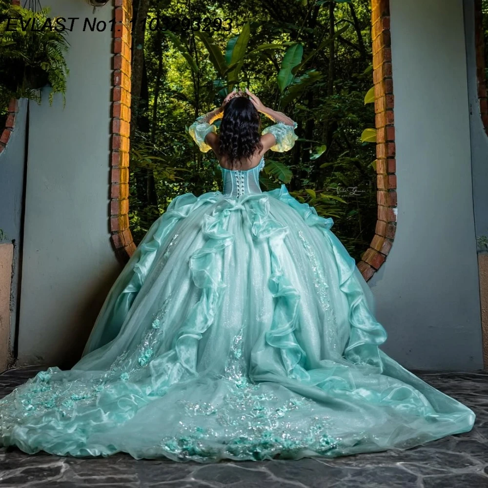 EVLAST блестящее шалфено-зеленое бальное платье на заказ, платье Quinceanera, кружевная аппликация, расшитое бисером, Sweet 16, Vestidos De 15 Anos E1QN294
