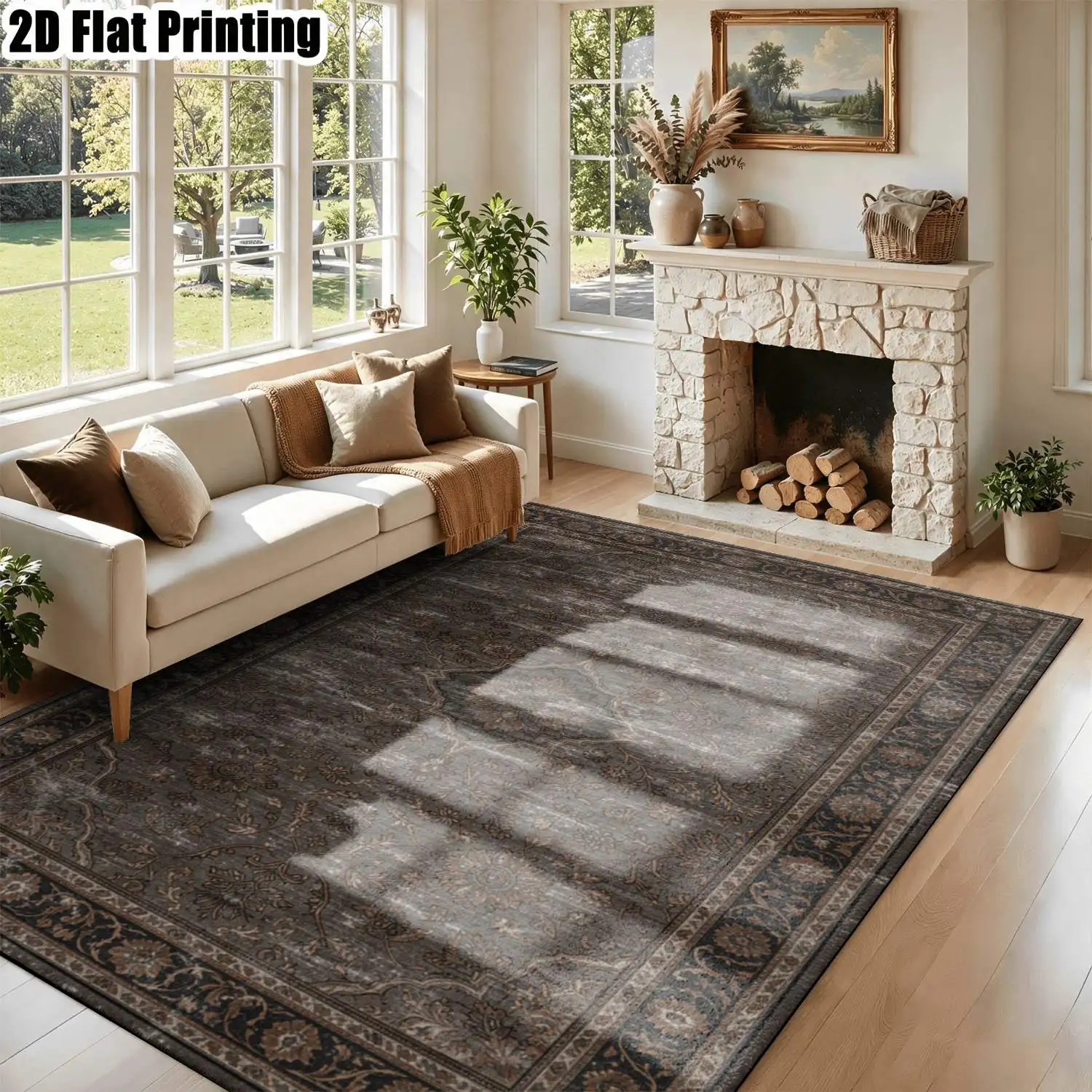 1Pc 2D Printed Retro Brown-Grey Geometric Carpet, Boho/European Vintage Floor Mat, Home Decor, Multi-Size, Machine-Washable For Entrance, Dining, Foyer, Bedroom, Living Room.