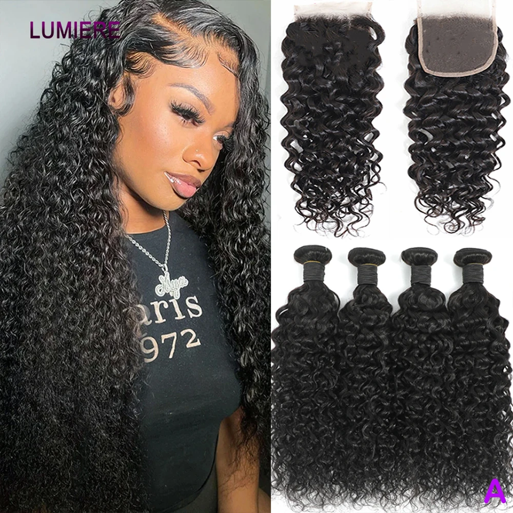 

Глубокая волна, вьющиеся волнистые пучки человеческих волос с кружевной застежкой, фронтальная часть с пучками, 18А, наращивание необработанных волос с двойным утком