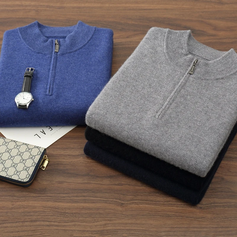 

Half Zipper 100%Pure Cashmere Sweater Men's Half Turtleneck Knit Pullover Business Casual Loose Thicken Tops High-End Base Shirt