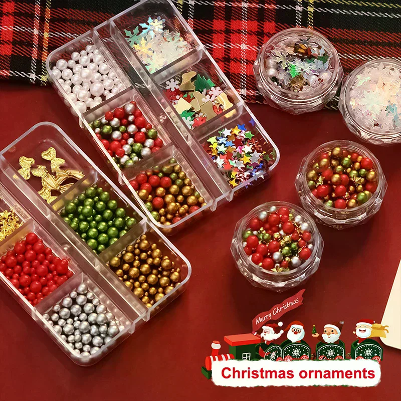 Natal vermelho/verde pérola prego strass tamanho misto perolado contas coloridas nali encantos natal manicure jóias
