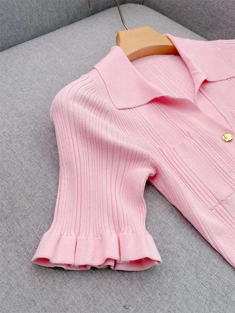 2024 Spring Summer New Fashion Pink Dress Women Elegant Turn Down Collar Single Breasted Short Sleeve Slim Knitted Robe Ladies