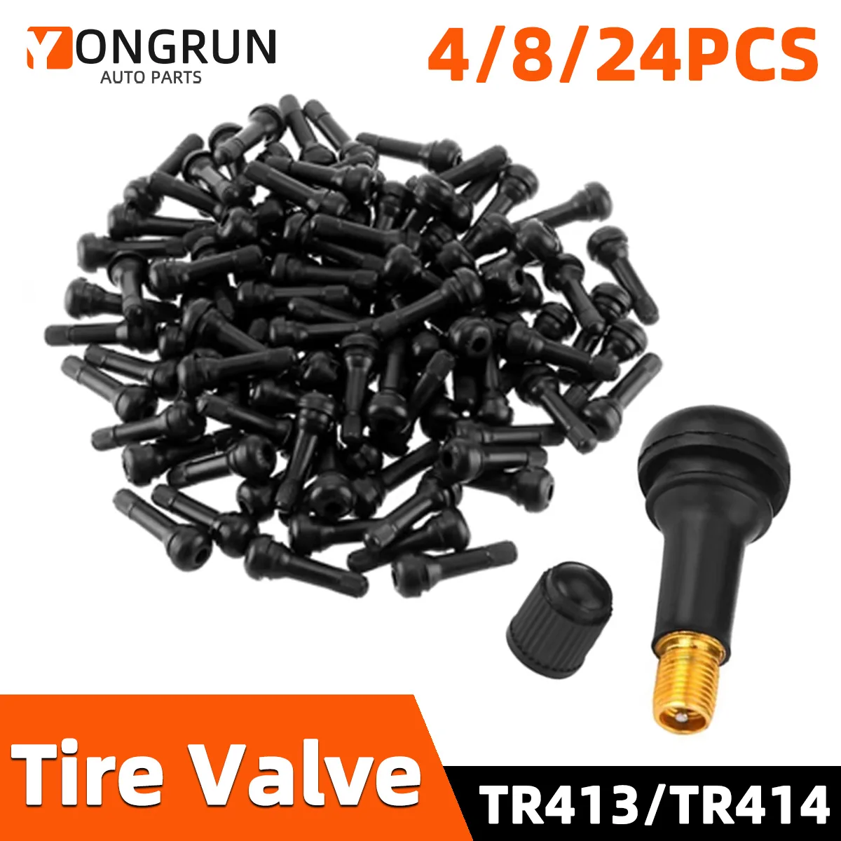 YONGRUN 4/8/24PCS Tire Valve Stem Car Tubeless Tire Valve TR413/TR414 Black Rubber Snap On Tire Valve Stem Car Accessories