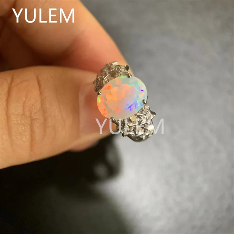 

YULEM White Gold Plated White Fire Natural Opal Rings for Women Wedding Jewelry Big Oval Rainbow Birthstone Engagement Ring