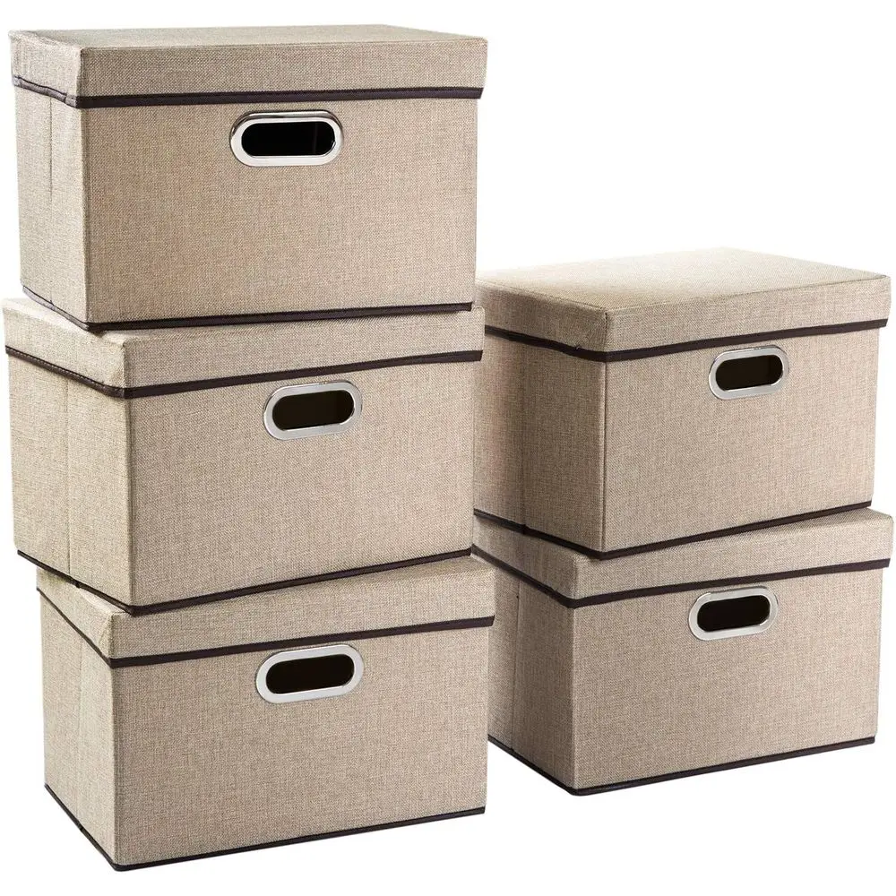 

Collapsible Storage Containers with Lids [5-Pack] Jute Fabric Foldable Storage Bins Boxes Organizer Baskets Cube with Cover for