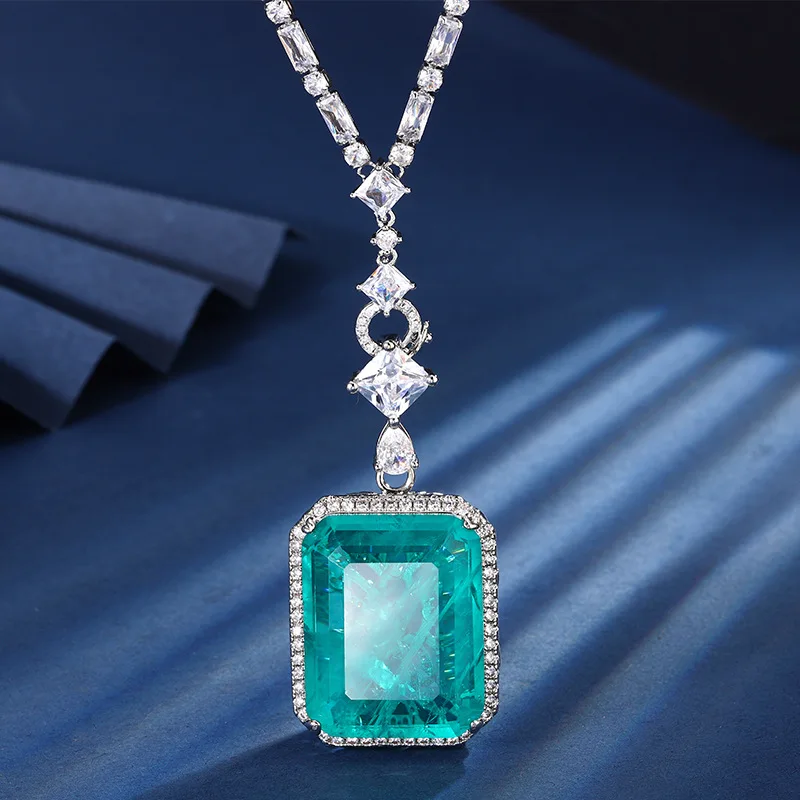 New Jewelry Plated Emerald Square 24*30 Luxurious Inlaid Large Pendant Necklace