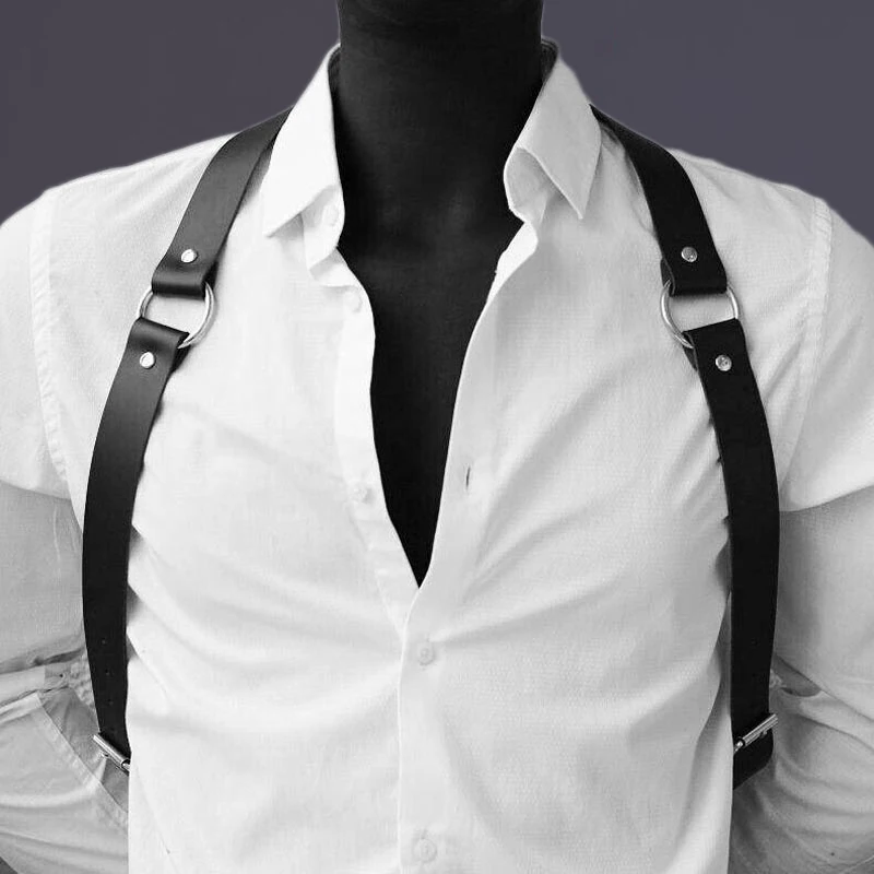 Cool Rock Men's Belt PU Leather Harness Abjustable Strap Costume Sexy Shoulder Belt Body Chest Chain Metal Ring Y2k Accessories