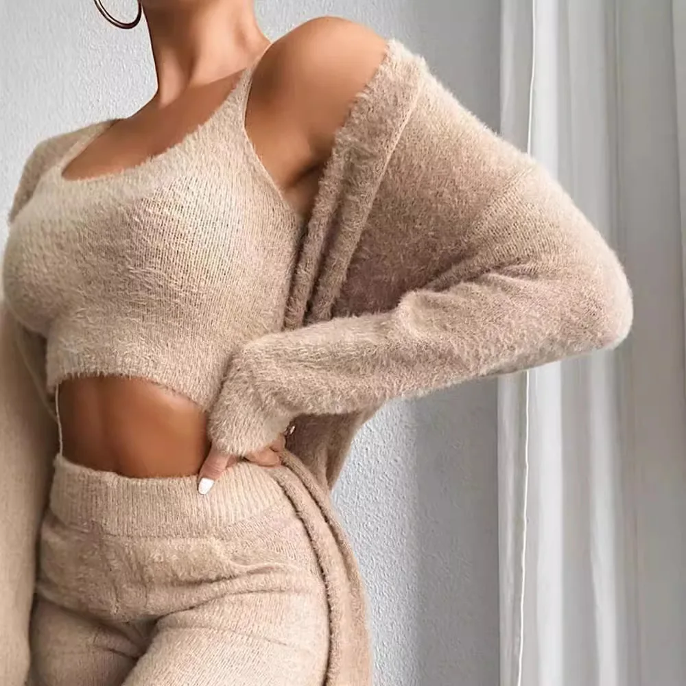 Autumn And Winter Knitted Plush Comfortable Women\'s Suit Sexy V-neck Short Crop Top Cardigan Sweater Trousers Three-piece Set