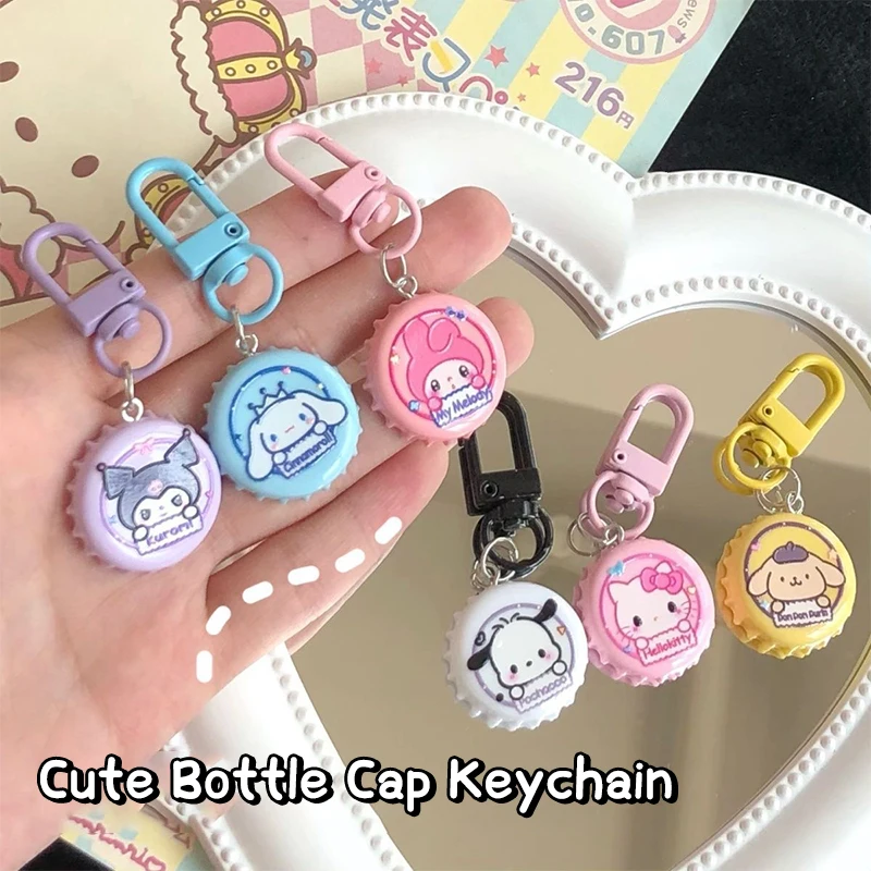 Pingente de mochila Kawaii Sanrio para crianças, My Melody, Purin, Pocha, Kuromi Cinnamoroll, Criatividade Bottlecap, gatinho, presente de aniversário