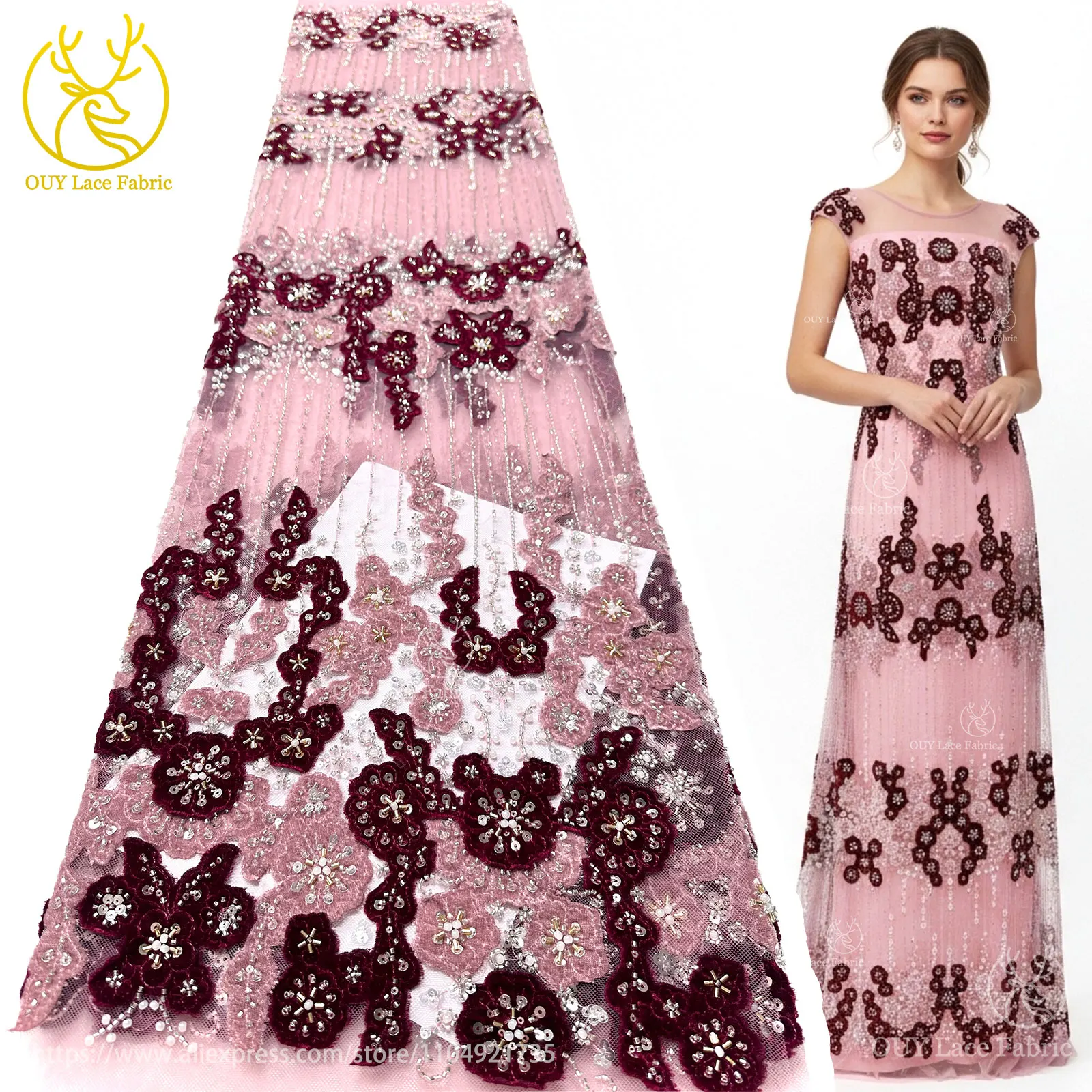 

Pink African Velvet Lace Fabric 2025 Elegant High Quality Nigerian Beaded Sequins Tulle Lace Fabric For Women Party Dresses