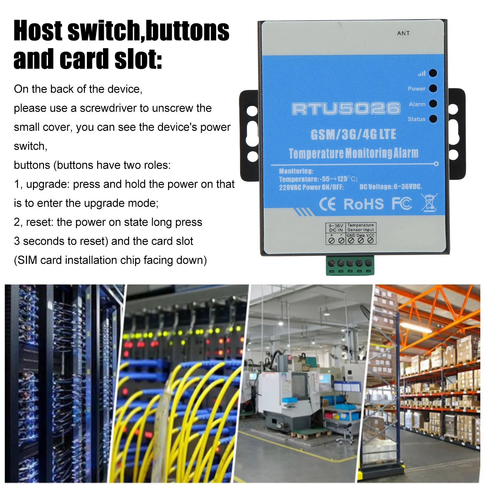 Alarm temperatury 12VDC GSM 3G 4G RTU Metal do elektrowni słonecznej, obserwatorium meteorologicznego, biblioteki, alarm temperatury