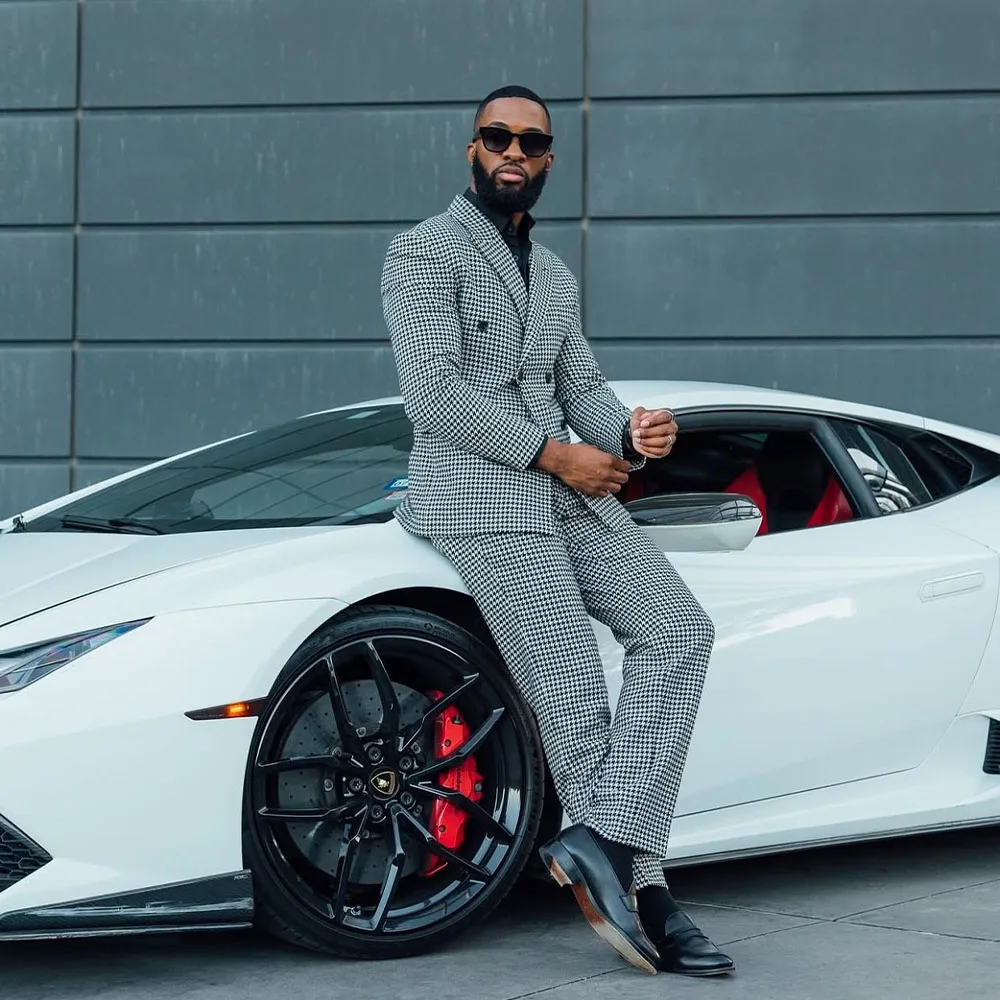 

Fashion Plaid Men's Suits 2 Pieces Peaked Lapel Double Breasted Prom Suit Graduation Blazer for Men Jacket Slim Fit Customized