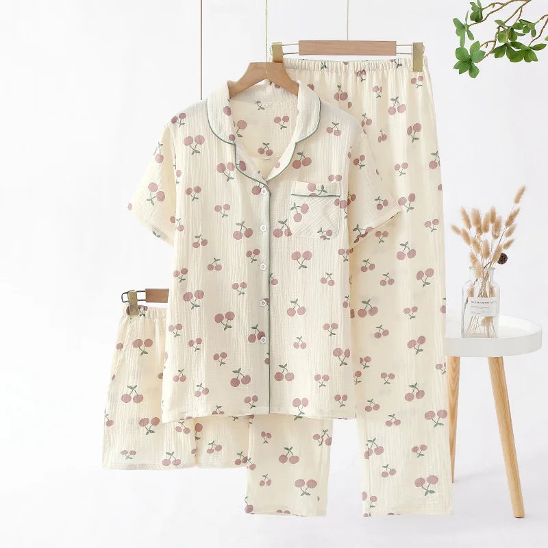 2023 neue frauen Frühling Sommer 100% Crepe Baumwolle Pyjamas 3-stück Kurzarm + Shorts + Hosen Weichen und Komfortable Homewear