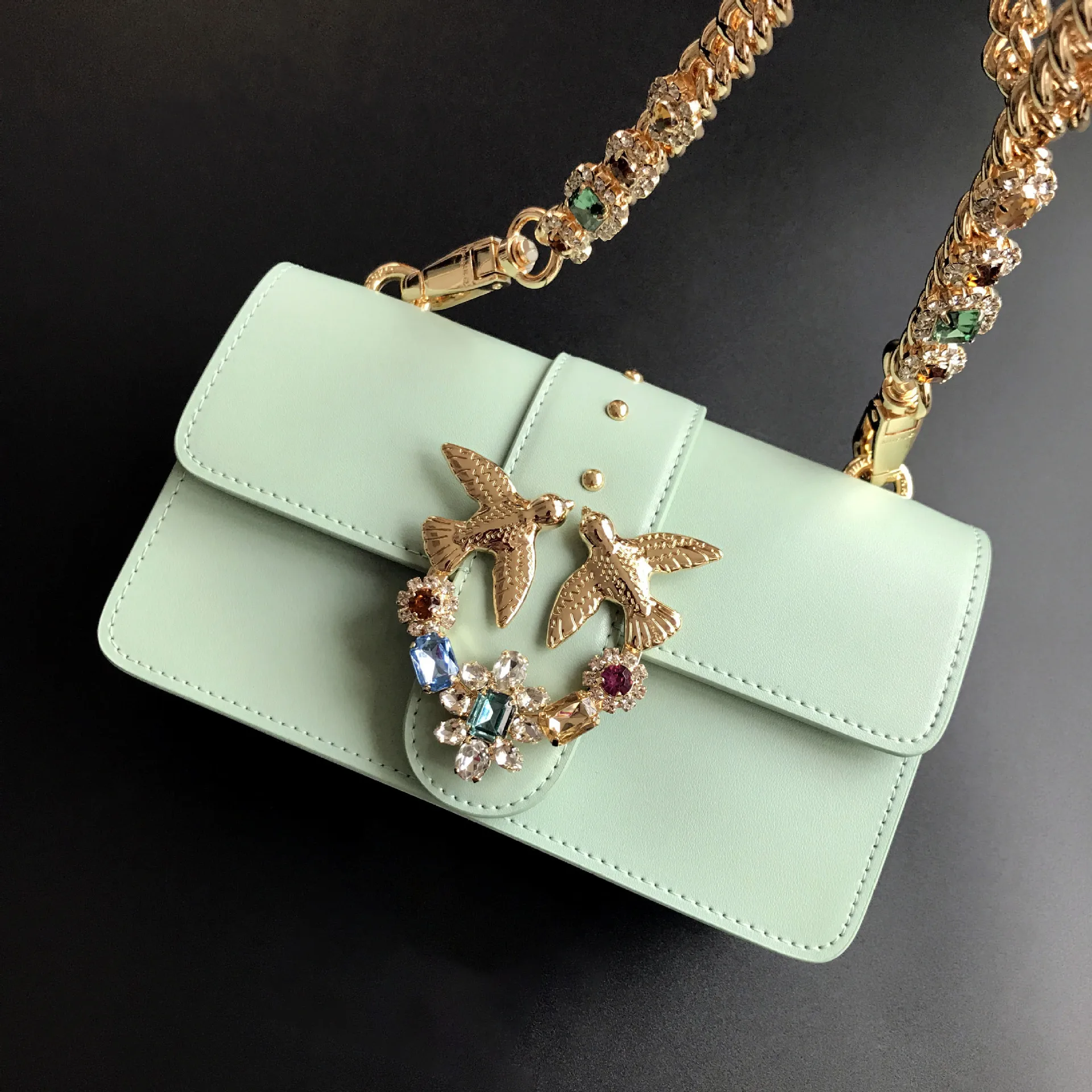 

Women's Genuine Leather Batwing Bag Crystal Gem Chain Shoulder Bags Luxury Designer Crossbody Bags with Studs for Women