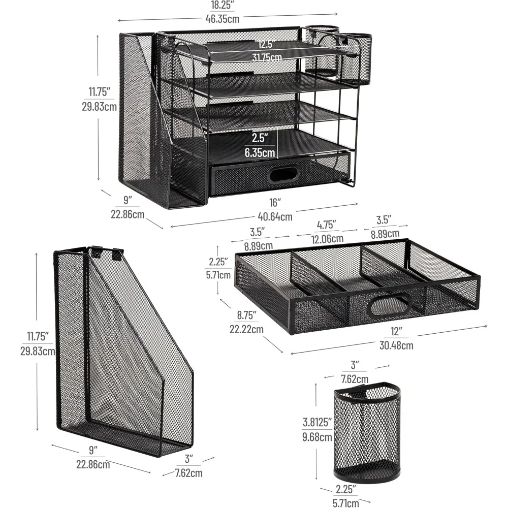 منظم مكتب شبكي مكون من 4 صواني مع درج وحامل ملفات وأكواب أقلام - حل تخزين سطح المكتب المعدني باللون الأسود