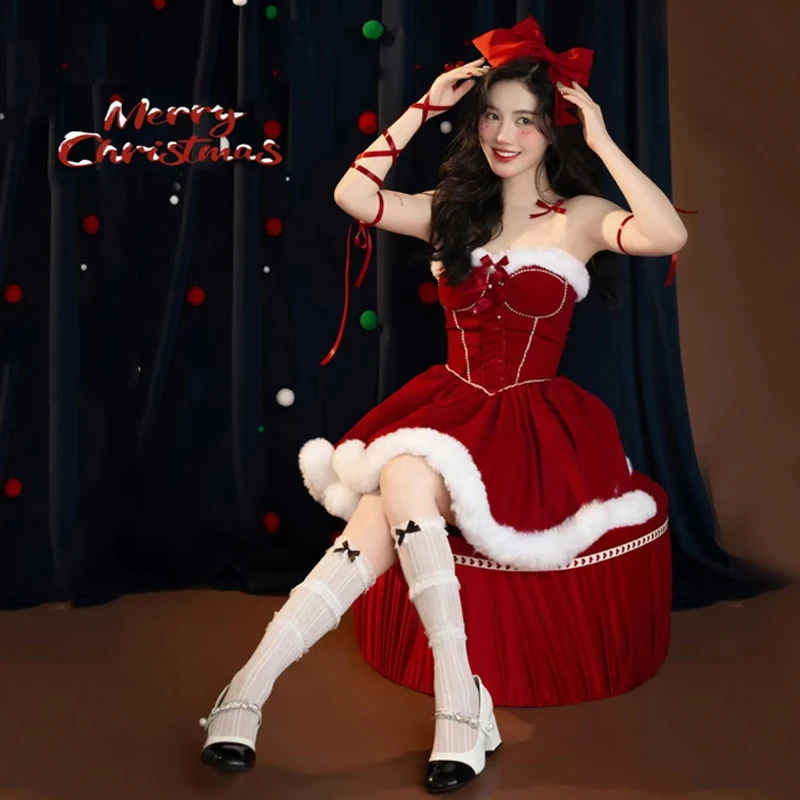 

2025 Hot Design Christmas Dress Xmas Party Outfits Sexy Red Dress Halloween Santa Claus Cosplay Performance Photoshooting Gift