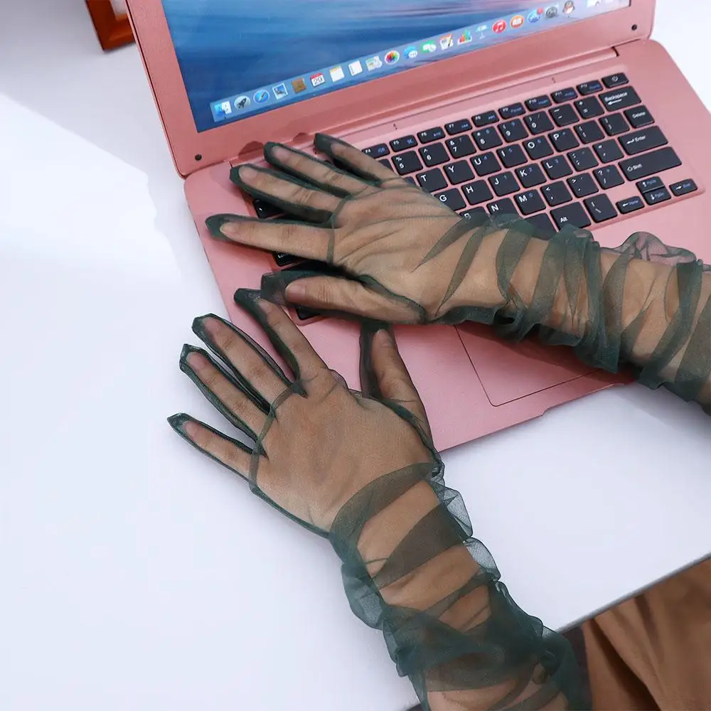 Guantes de tul transparente con cinco dedos para mujer, manoplas finas de encaje, a la moda
