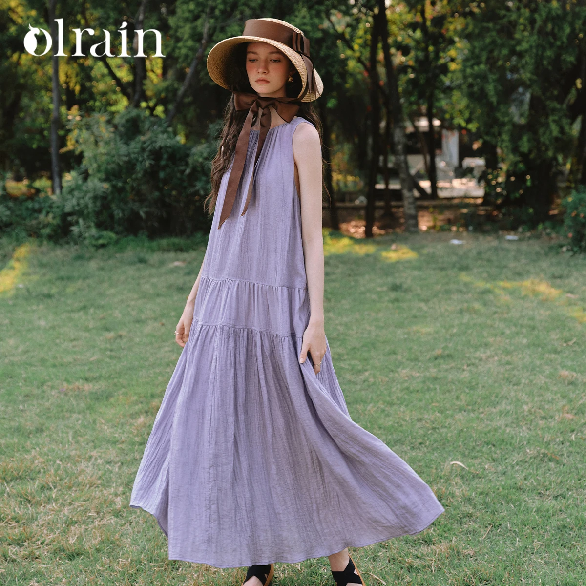 

OLrain Summer Purple Long Vacation Dress 2025 Sleeveless Loose Tied Back Holiday Fashion Flowy Dress Woman Clothes O57XL99228