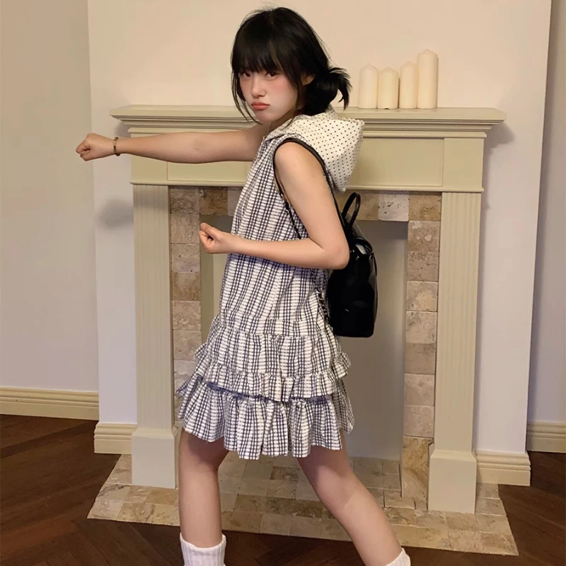 New Plaid Polka Dot Hooded Women's Dress Original Hem Fluffy Cute Small Flower Buttons Age-reducing Sleeveless Dresses Ladies