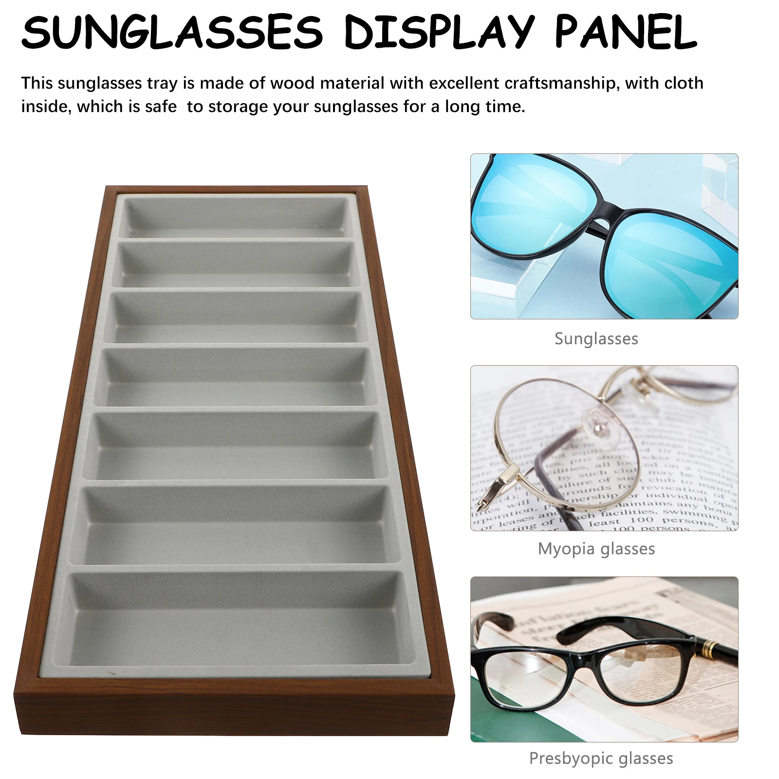 

1pc Sunglasses Display Tray Wooden Storage Plate 7 Grids Gray Cloth Home Mall Jewelry Watch Holder Wood Color Grey