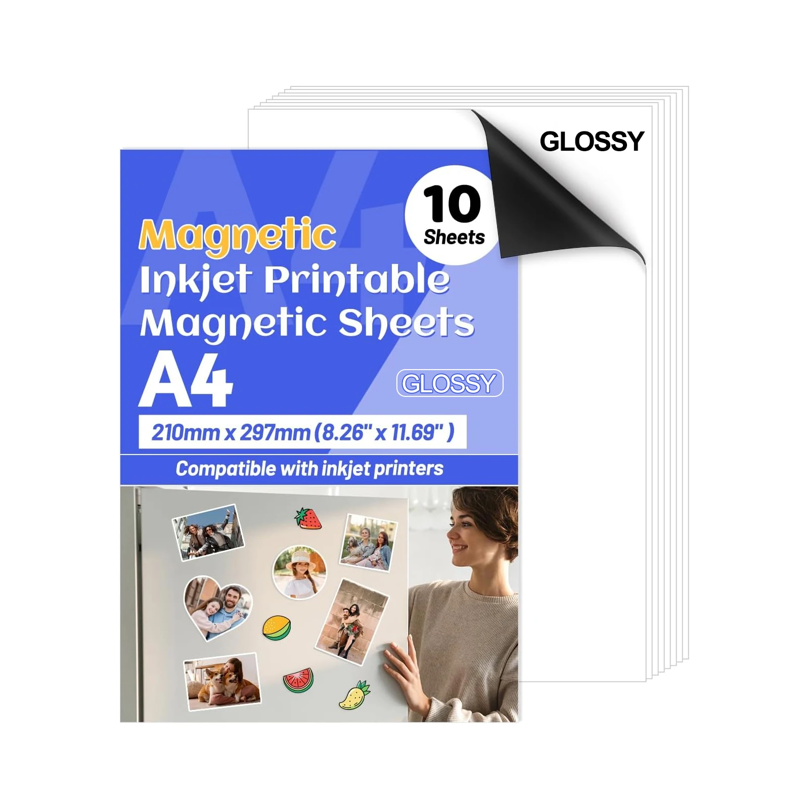 10 أوراق مغناطيسية لامعة قابلة للطباعة للطابعة النافثة للحبر - مقاس 8.3 بوصة × 11.7 بوصة مقاس A4 - ورق مغناطيسي قابل للطباعة للحرف اليدوية