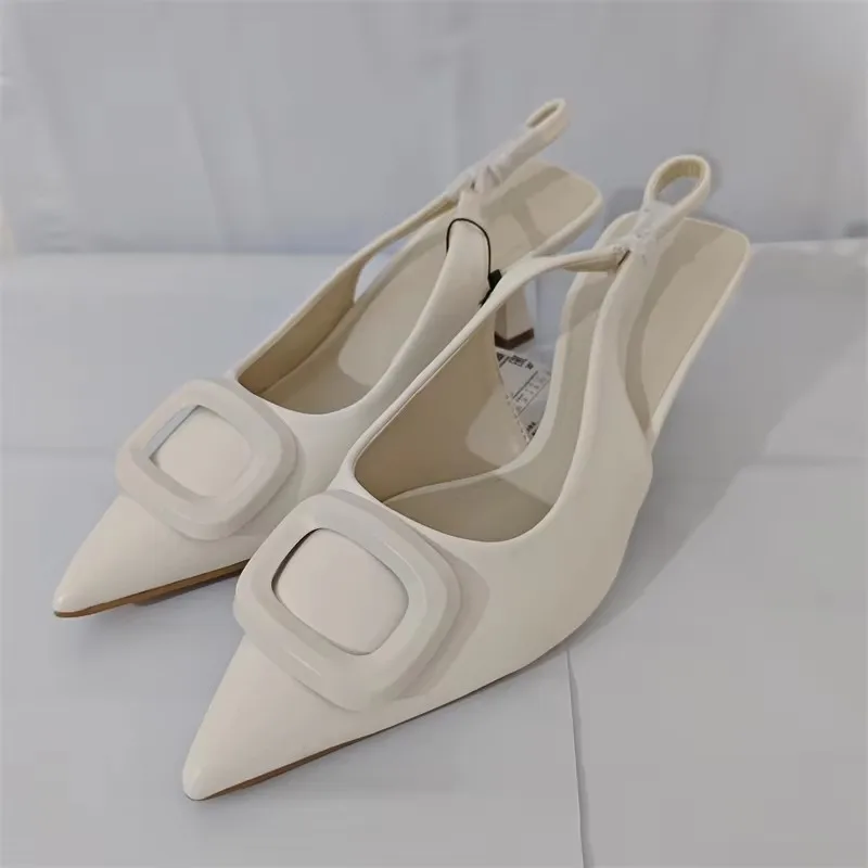 TRAF White Square Button High Heeled Shoes For Women 2024 New Point Slingbacks Pumps Elegant Stiletto Black Strappy Lady Sandals