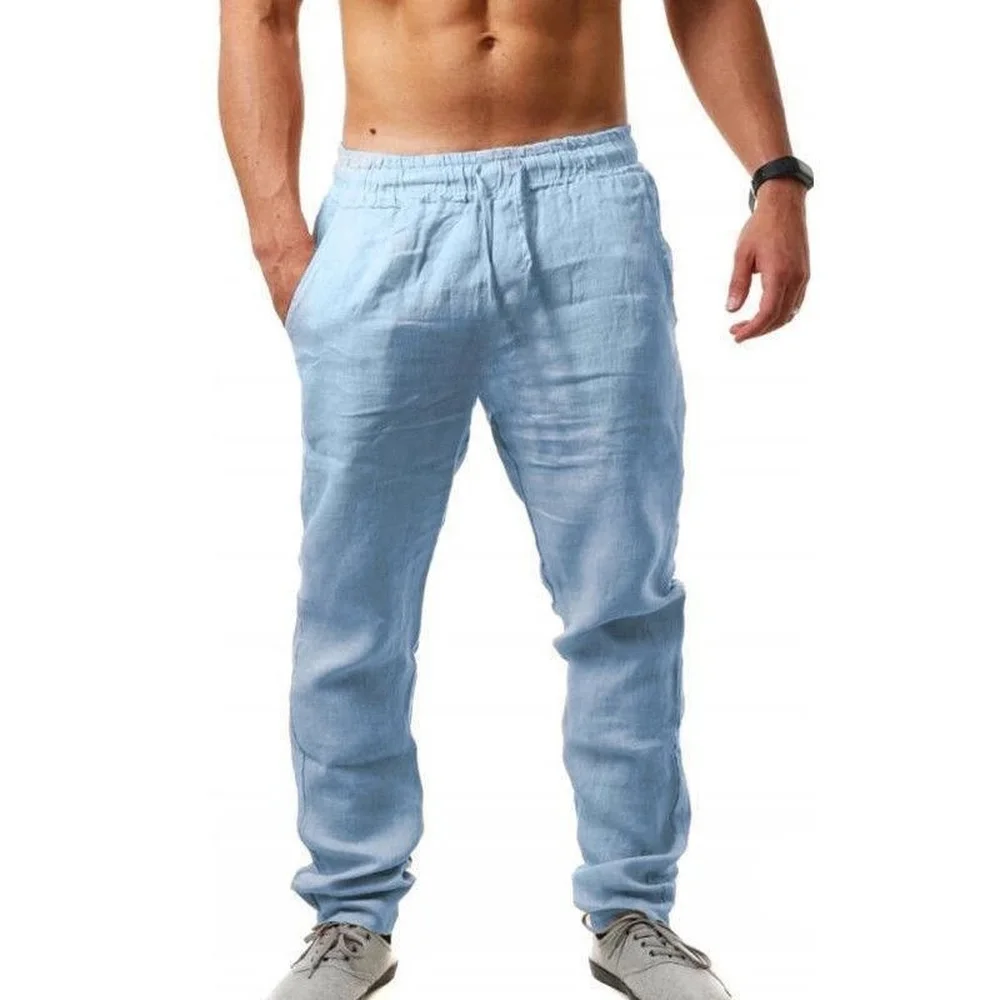 

2022 New Men's Solid Color Sports Pants Casual Classical Cotton and Linen Jogging Pants Breathable Drawstring Beach Pants