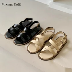 Mrxmus Dutit 2023 Spring Summer Fashion New Women Genuine Leather Round Head Flat Roman Sandals Simple Casual Shoes Female Chic