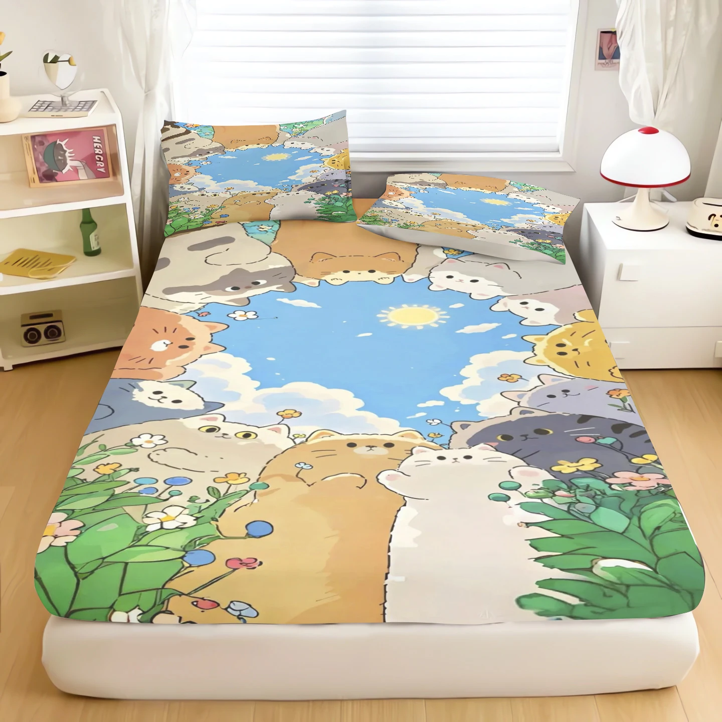 

Cartoon Cats Fitted Sheet Animals Home Cover Giraffes Printing Elastic Bedding Cute Children Digital Printing Sheets Bedding