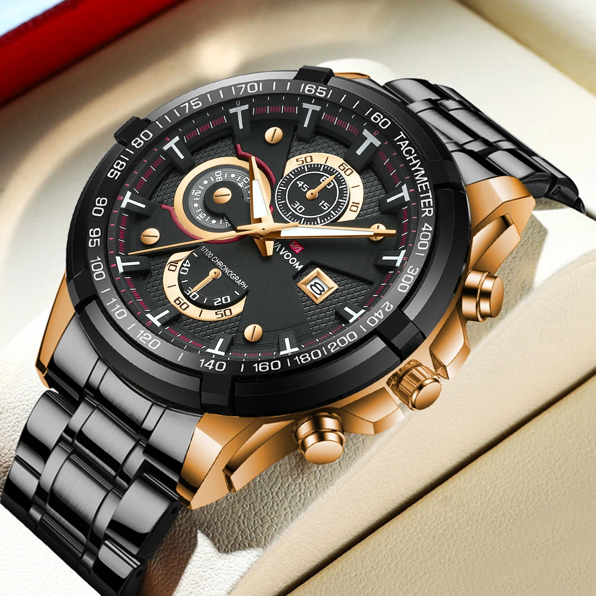 VA VOOM Mens Sports Watch 47mm Large Dial Black Rose Gold Stainless Steel Night Light Military Quartz Movement Men Wristwatches