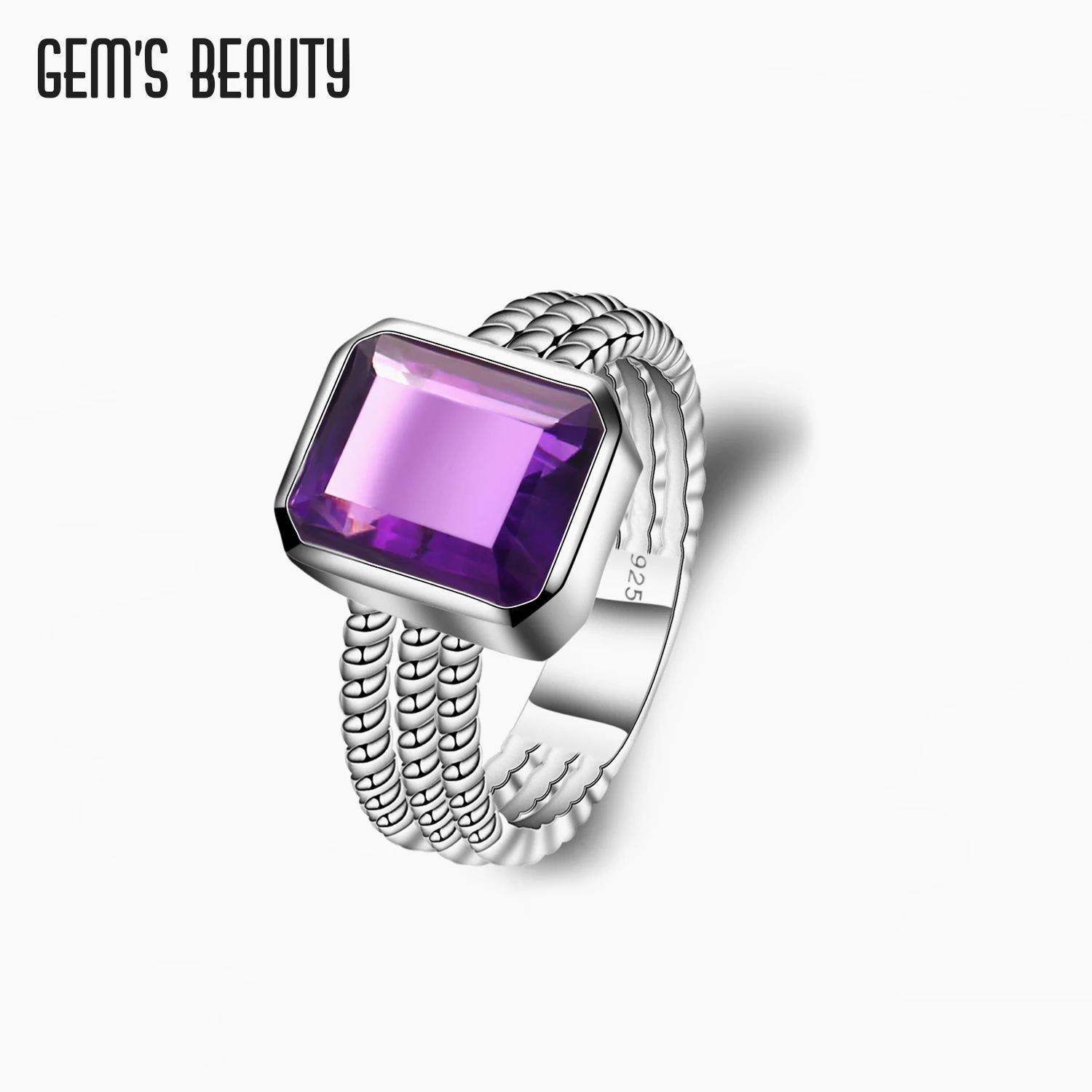 

GEM'S BEAUTY 925 Sterling Silver Natural Amethyst Rings 2021 Style Emerald Cut Birthstone Handmade Rings For Women Couple Gift