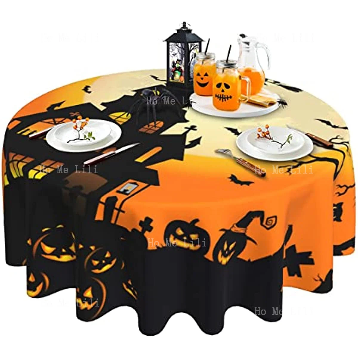 Halloween Ghost Tablecloth Washable Reusable Round  Party Holiday Dinner Kitchen Centerpiece