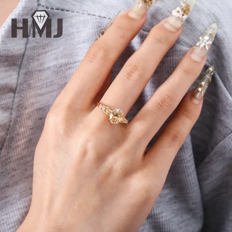 Ehering aus Echtem 18K Gold mit 2ct 7x9mm Oval Geschliffenem Moissanit-Diamanten in Champagnerfarbe, Klassischer Verlobungs- und Heiratsantragsring – Detail 9