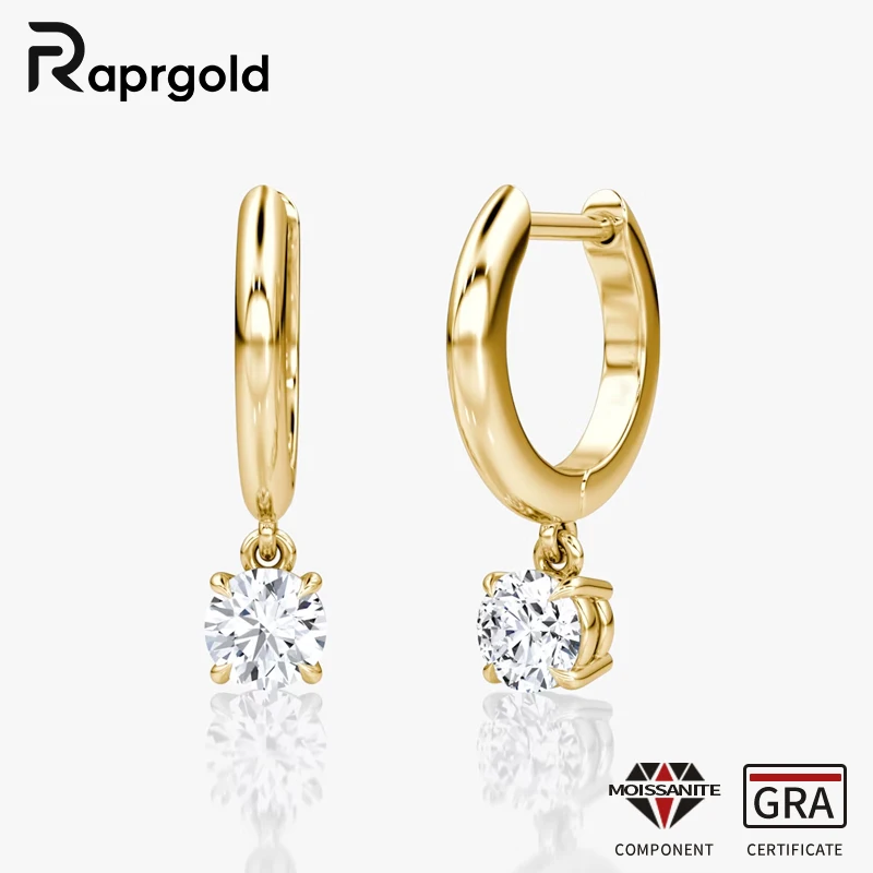 

Серьги-кольца RAPRGOLD с круглыми муассанитами и инкрустацией, для женщин, из золота 14K, изящные ювелирные украшения, подарок с сертификатом GRA