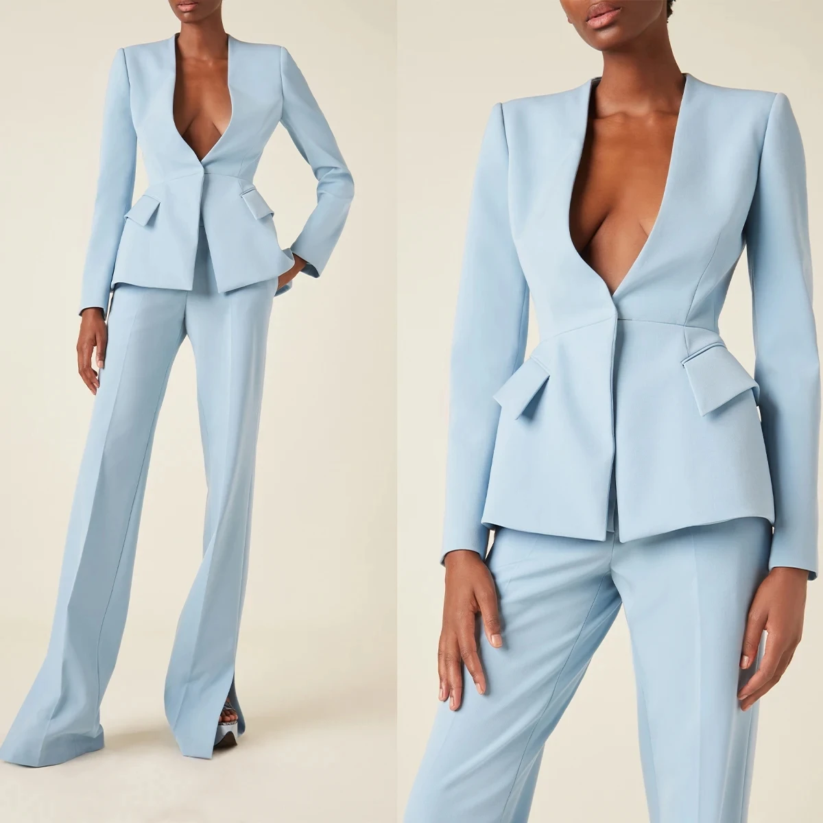 

Spring Sky Blue Woman Blazer Sets Slim Fit Custom Made Office Lady 2 Pieces Single Breasted Business Wear Wedding Tuxedos