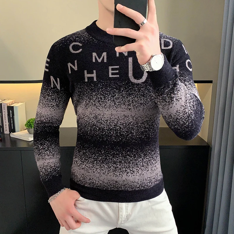 

Korean Letter Jacquard Velvet Sweater for Men Autumn Slim Fit Casual Business Knitted Pullovers Warm Versatile Social Base Top