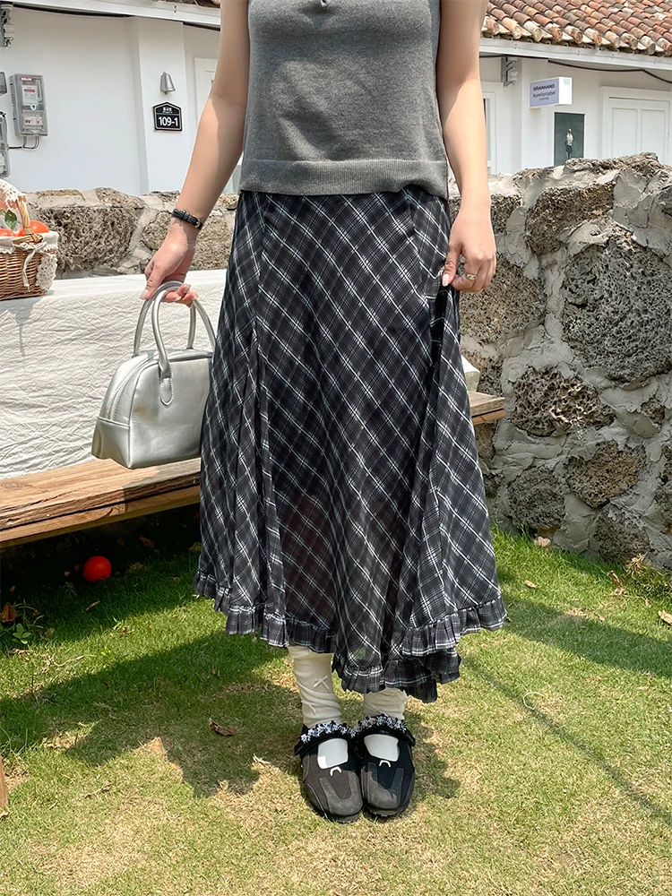 

Юбка миди А-силуэта с высокой талией, корейская летняя юбка в клетку, асимметричная, стройнящая, длинная, для полных женщин, для повседневной носки