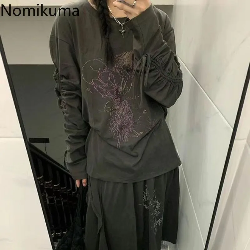 Fashion Skirt Suit Korean Two Piece Sets Y2k Women Clothing O-neck Drawstring Sweatshirts High Waist Print Loose Skirts Outfits