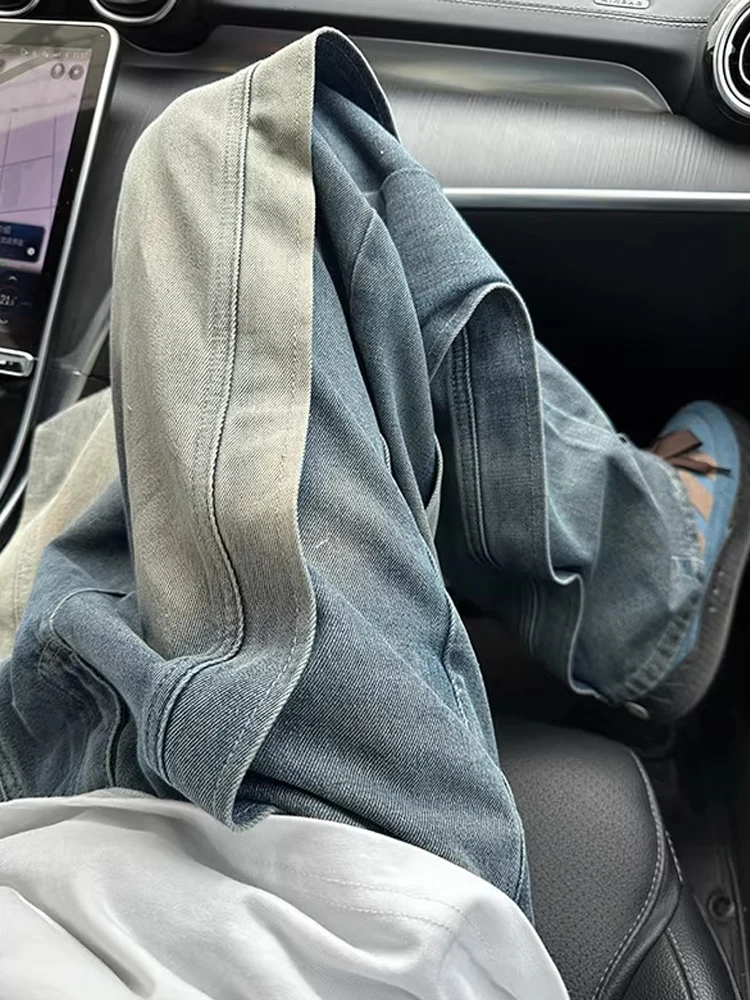 Waed Workwear Denim Jeans Men Summer Trendy Patchwork Wide Leg Pants American Design Casual Straight Cut Durable Cotton Blend