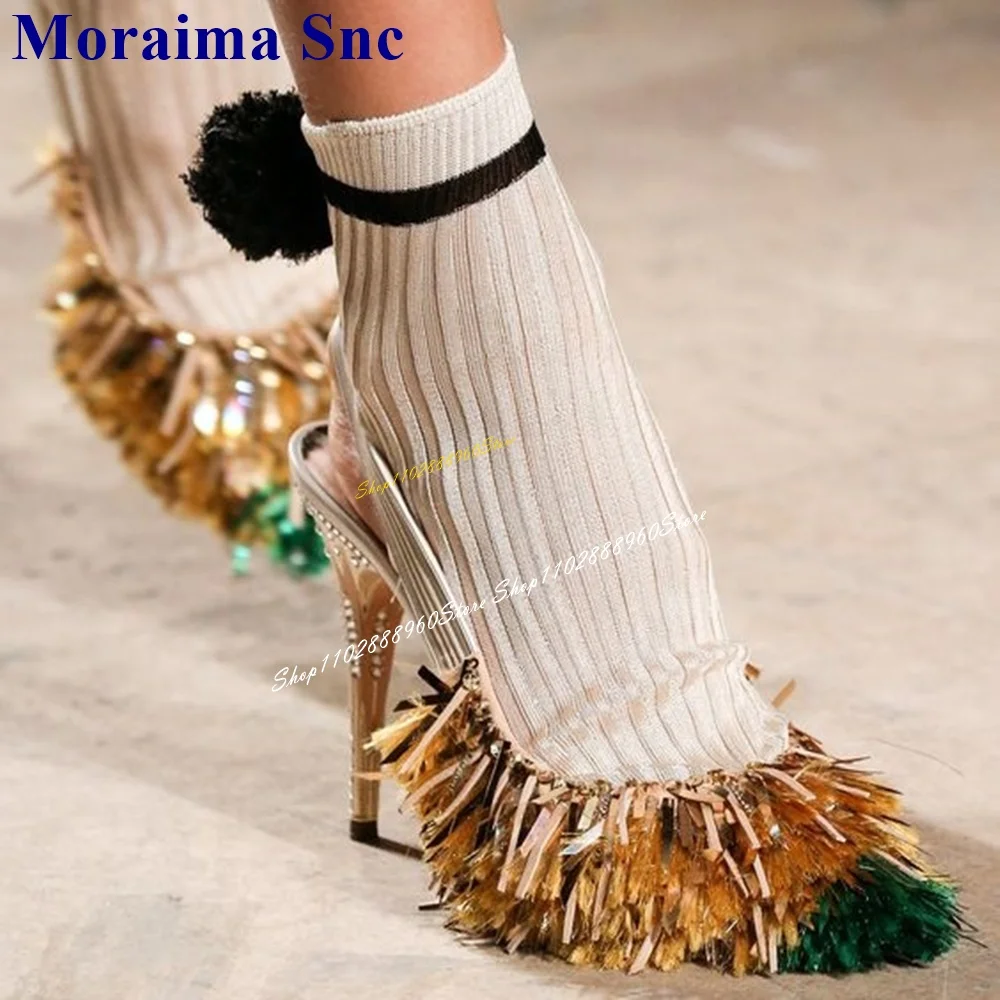 Runway Slingback Mixed Color Tassels Decor Sandals Thin High Heel Women Shoes Back Strap Round Toe 2024 Sexy Zapatos Para Mujere