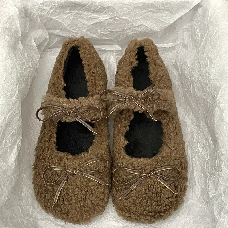 Mocasines de Ballet elegantes para otoño e invierno, zapatos planos para mujer, mocasines planos de piel con punta redonda, zapatos de exterior de peluche de diseño de marca para mujer