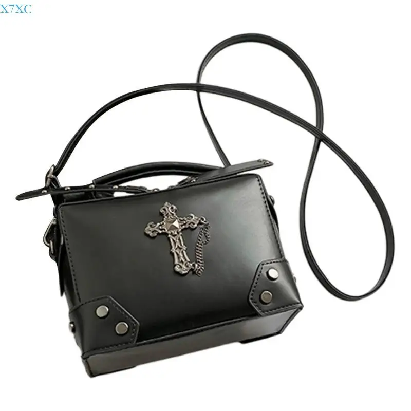 

Women Gothic Punk Square Small Crossbody Handbag with Top Handle Skull Crosses Chain PU Leather Shoulder Bag Purse