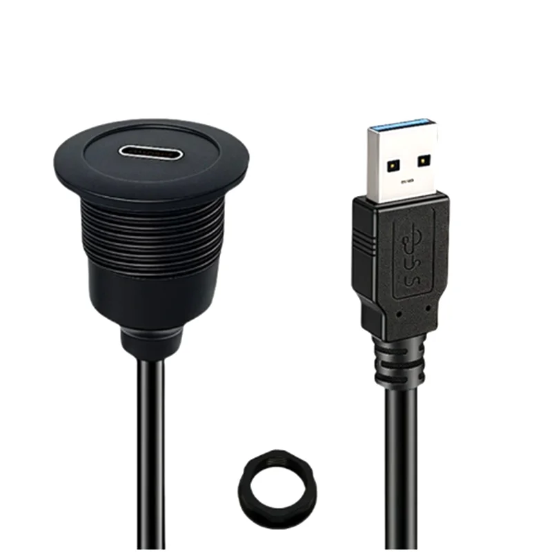 USB3.0 Male to Type C Female Threaded Fixed Panel Mount Connector Cable 5V/3A Charging, for Car Dashboard Desktop, 30cm/11.8in