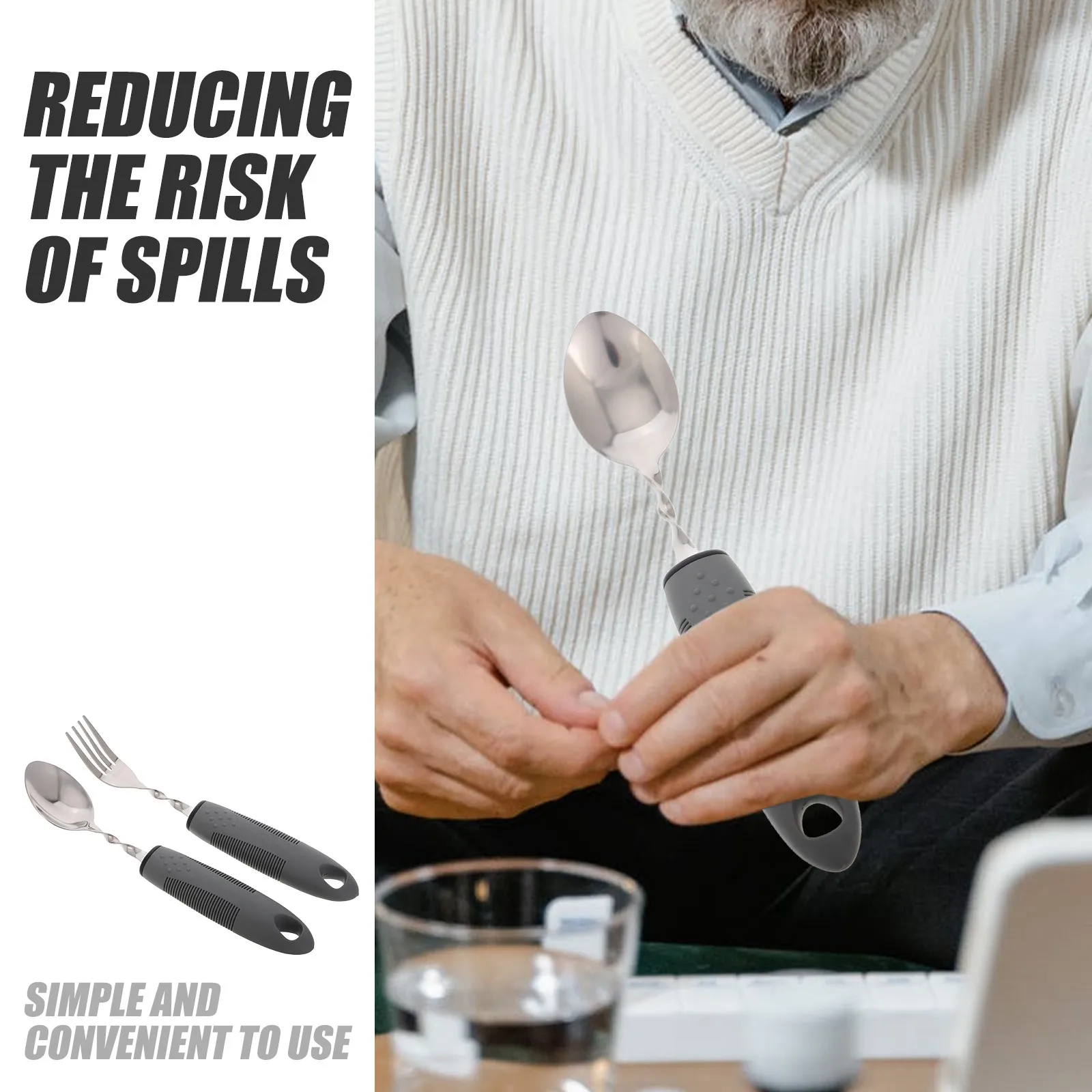 1Set Elderly Utensils Set Adaptive Bendable Stainless Steel Fork and Spoon with Anti Tremor Design Rubber Handle